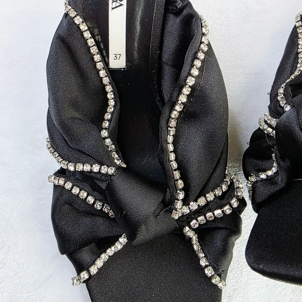 ZARA Satin Mule Heels EU 37 6.5 Black Rhinestone Bow Slip-On Glam Coquette Y2K
